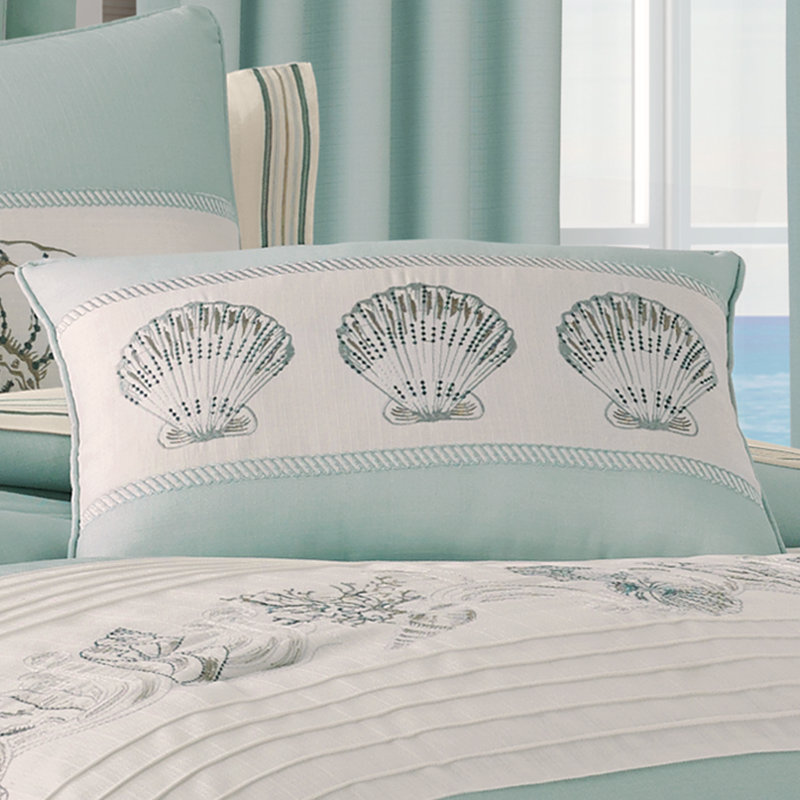 Aqua Nautical Embroidered Rectangle Throw Pillow with Shells