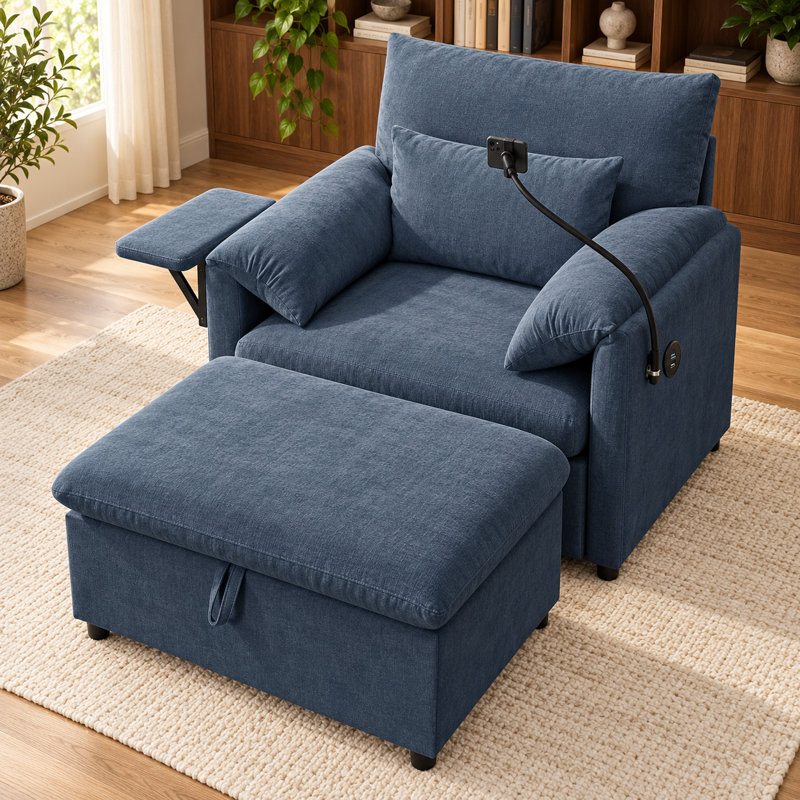 Chaise longue en chenille avec repose-pieds, dossier réglable, table d'appoint pliable et ports de charge USB Norelvessique
