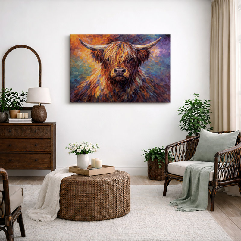 «Highland Cow», art animalier coloré, impression sur toile encadrée, H 24 po x l 36 po x P 1,5 po, Toile tendue