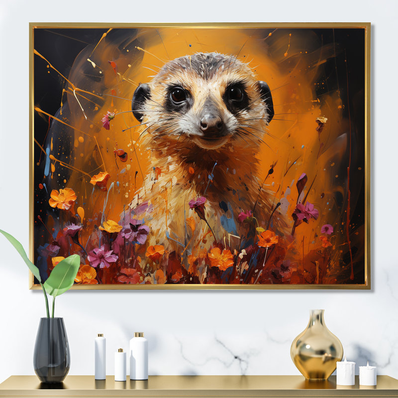 Suricate brun, prairie florale II - art mural Meercat, Cadre flottant doré, H 16 po x l 32 po x P 1 po