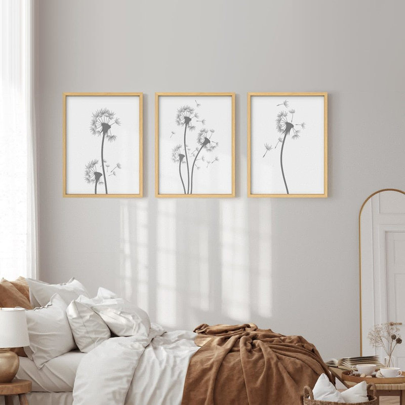 Ensemble de reproductions d'art encadrées, Windy Duotone Dandelion Plant Silhouettes, H 14 po x l 11 po, Naturel