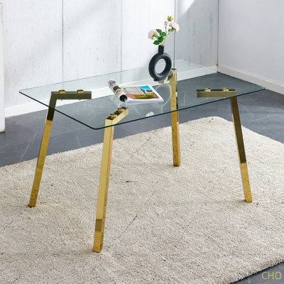 Modern Minimalist Style Rectangular Glass Dining Table With Tempered Glass Tabletop And  Metal Legs, Suitable For Kitchen, Dining Room, And Living Roo