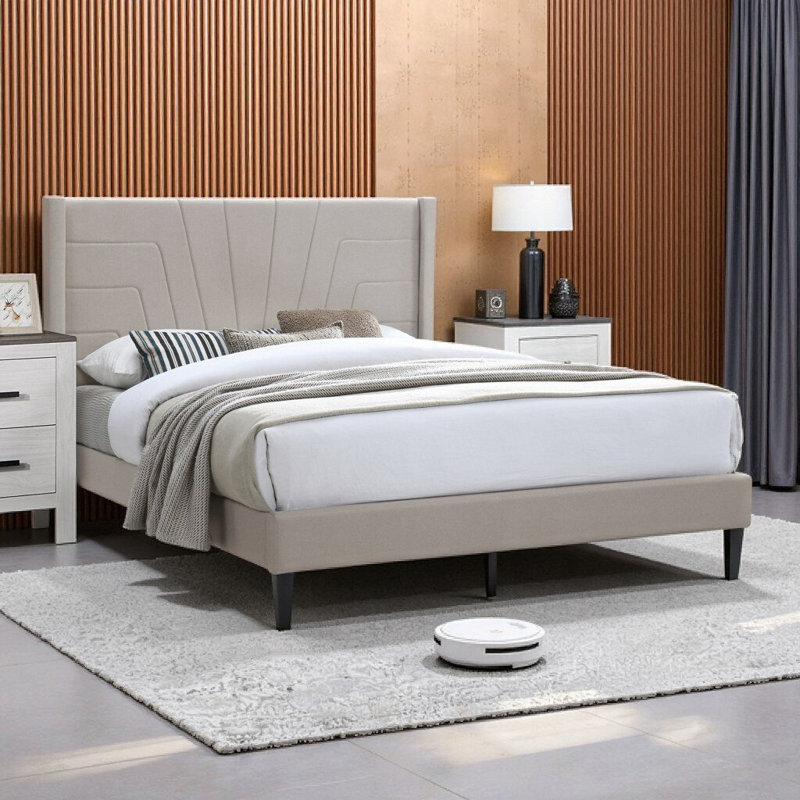 Lit tapissier grand moderne brun clair avec tête de lit en toile de jute - Base de lit plateforme contemporaine pour chambres