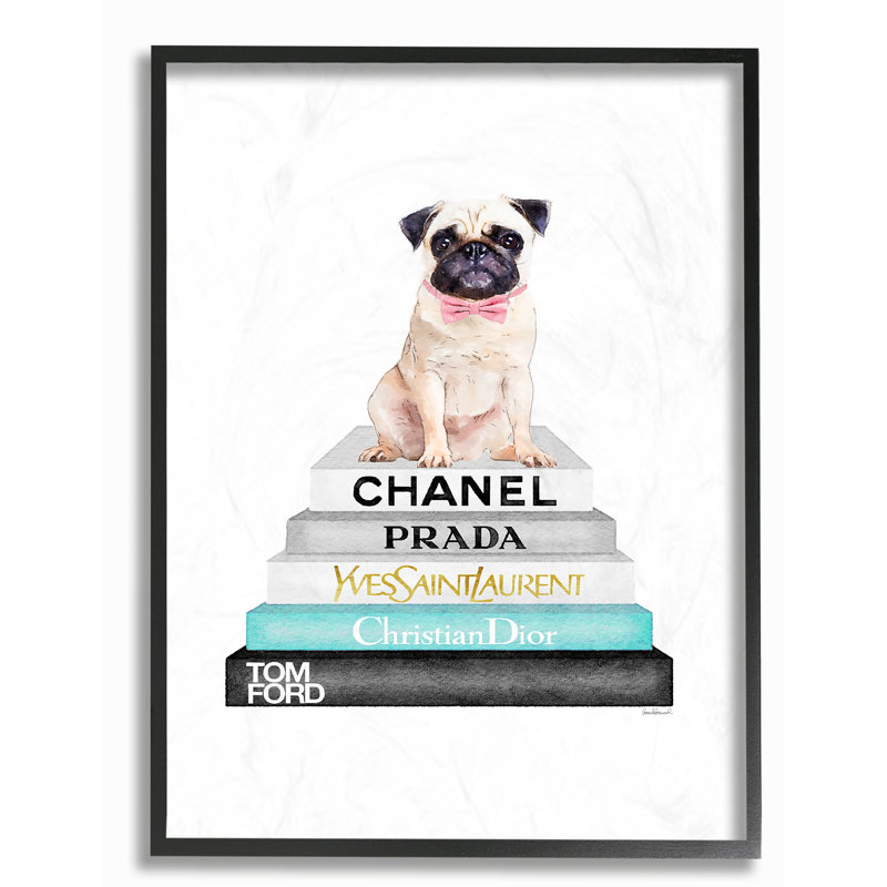 «Bookstack with Pug», reproduction, Giclée encadrée noir minuit, H 14 po x l 11 po x P 1,5 po