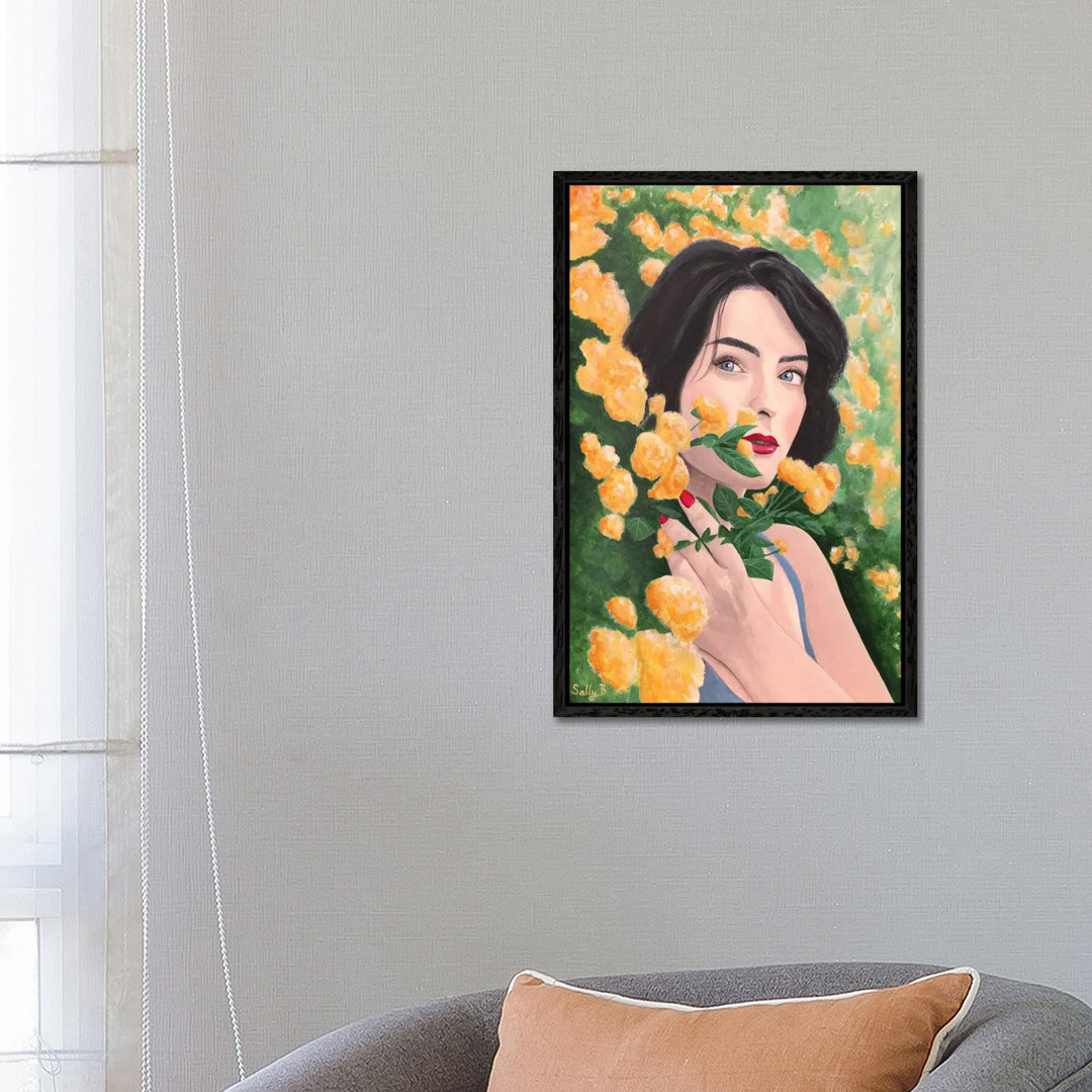 Woman In Orange Flower Garden von Sally B - Galerie-verpackte Leinwand Giclée auf Leinwand