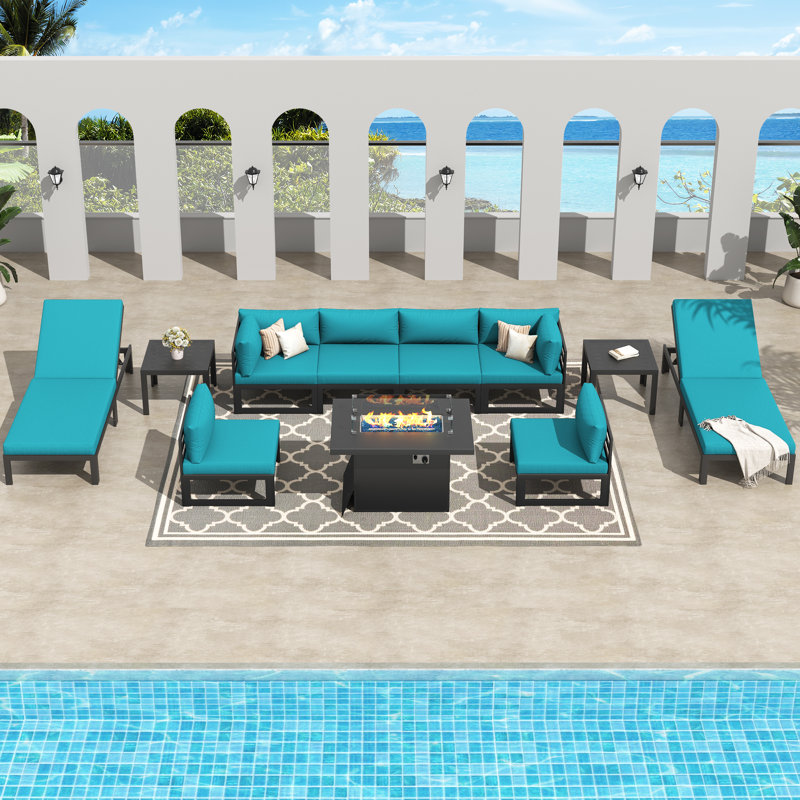 Glenita 8 - Person Outdoor Patio Aluminum Sectional Set with Firepit Table Chaise and Cushions, Teal