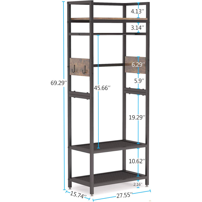 Portemanteau 22,75 po brun et noir rustique, organisateur de placard autoportant robuste avec tringle, 4 crochets