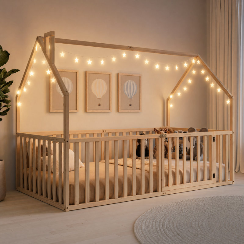 Comfy Cubs Kids House Gated Floor Bed Twin Size – 100% Pinewood Montessori Floor Bed With Safety Enclosure For Children Aged 5+, Kids Playhouse Design