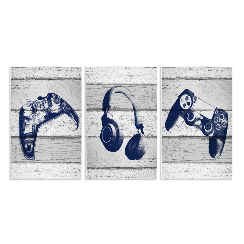 Video Gamer Trio Controllers Headset Triptych Wall Plaque Art Set by Daphne Polselli, 17" H x 11" W