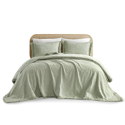 3Pcs King Bedspread , Floral Chenille Bedspread, Shabby - Chic Trim, Cotton Combination, Lightweight And Breathable, All Season Use, Lint , Quality , Effortless To Maintain, Sage Tone Elegant ,