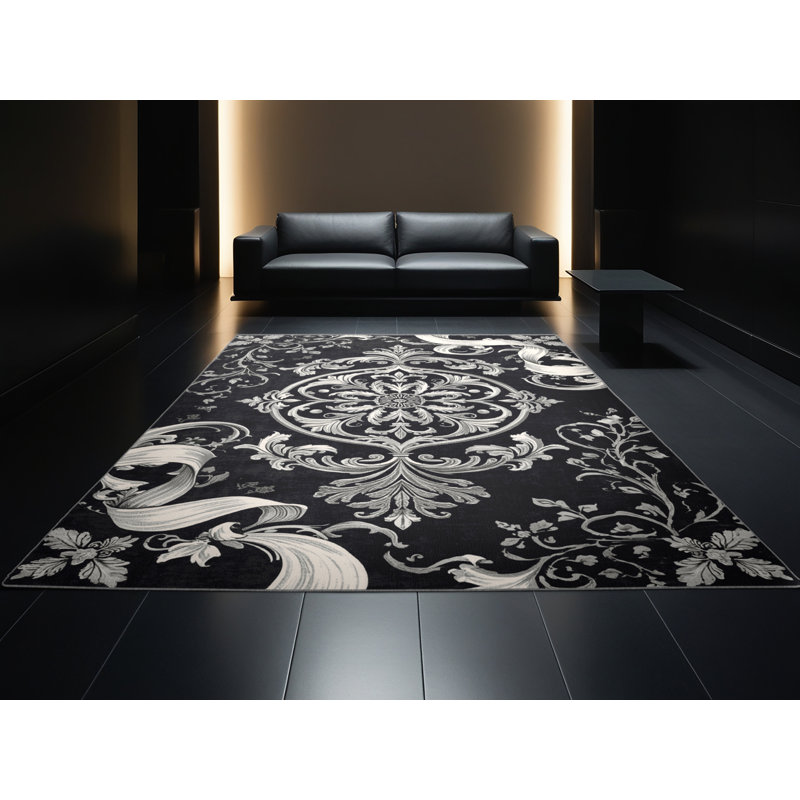 Tapis damassé classique gris lavable à la machine Dunedin - reliure grise, 8 x 10