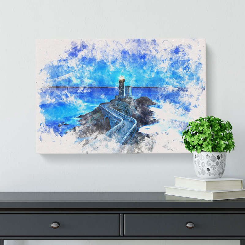 Lighthouse & Seascape In France Watercolour - Wrapped Canvas Print, 40cm H x 60cm W x 3cm D