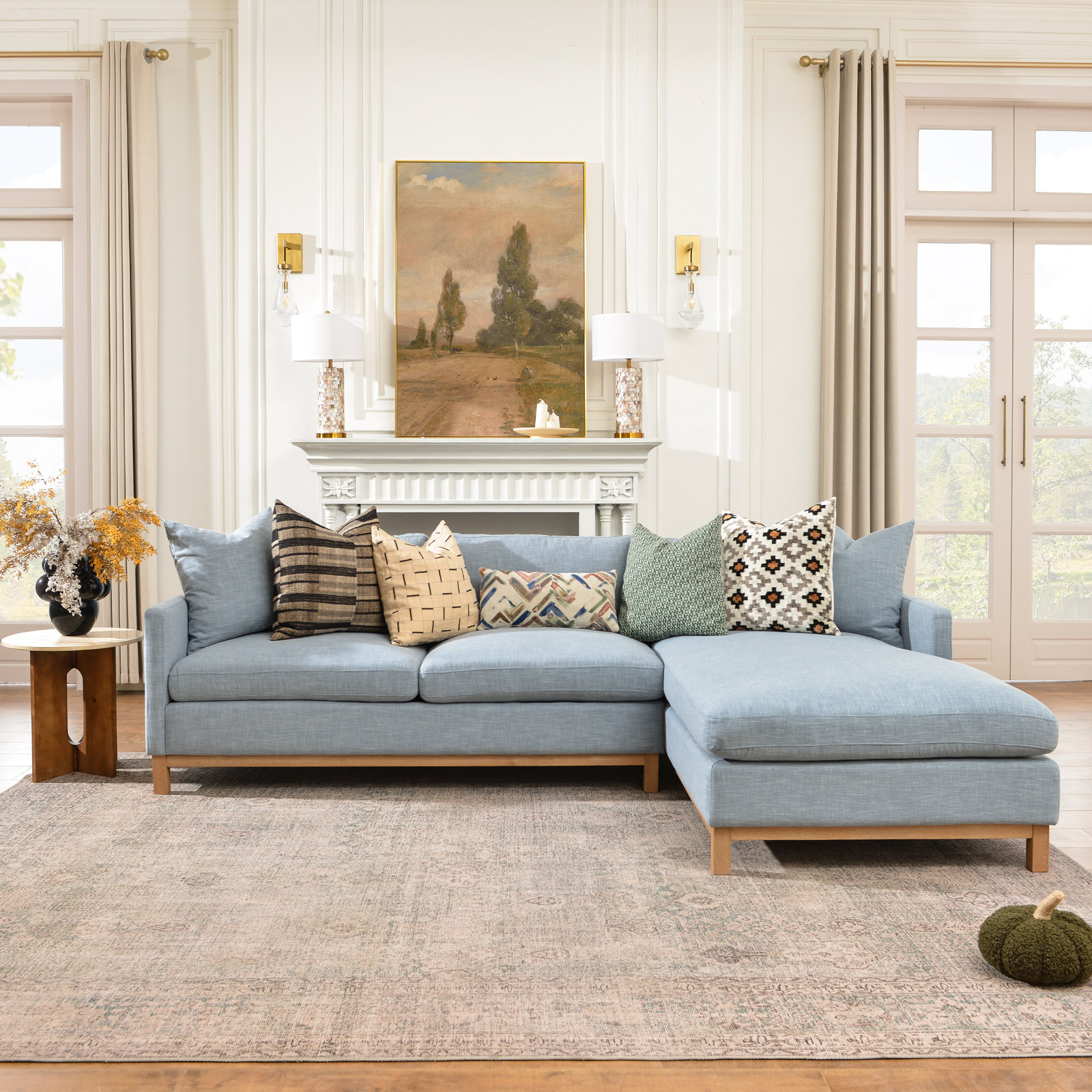 Cami Solid Wood Chaise Sectional, Coastal Fog Linen Blend, Right Hand Facing