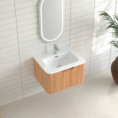 Meuble-lavabo flottant mural en noyer naturel 24 po, pré-assemblé, lavabo en céramique blanche, peu encombrant, conception de tiroir à fermeture en douceur