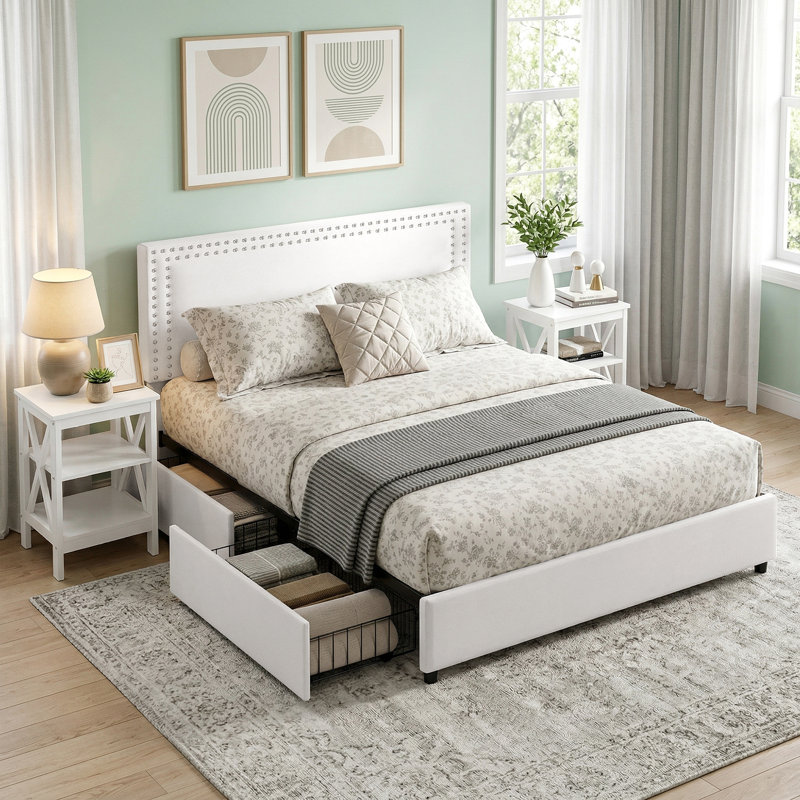 Storage Bed With 4 Drawers And 3-Tier Nightstand Bedroom Set Platform Velvet Bed With Under-Bed Storage, Modern Upholstered Bed Set