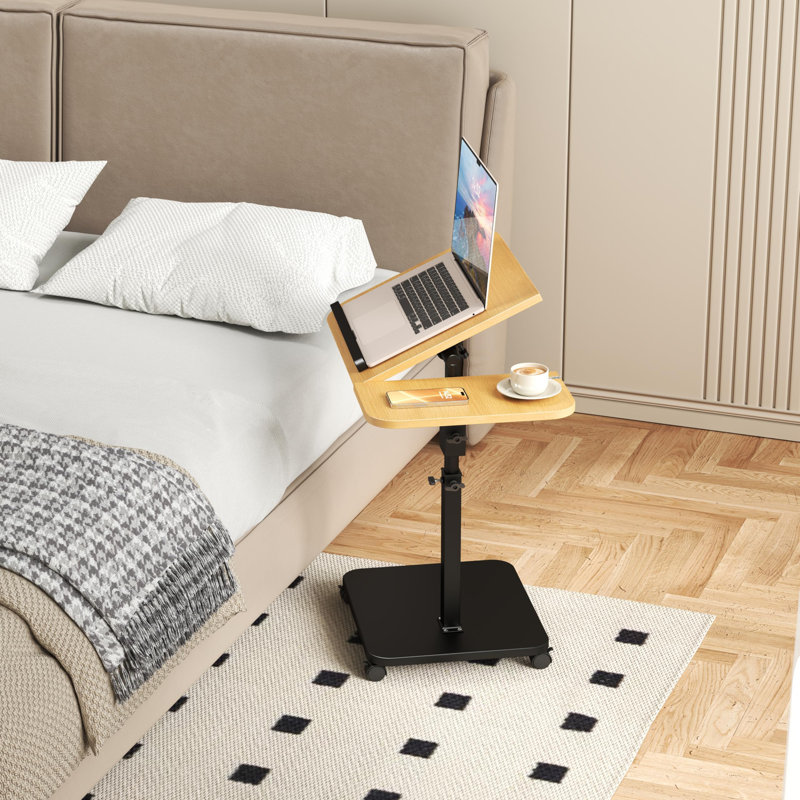 58 x 30 x 80 cm C-Shaped Sofa Side Table with Flip-Top and Adjustable Height, Iron Frame and Engineered Wood Laptop Table on 360-Degree Swivel Castors for Living Room and Bedroom, Light Wood