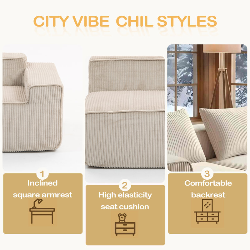 All-Foam Modular Sofa, Corduroy 3-Seater Sectional Couch, Vacuum-Compressed For Easy Delivery, Beige