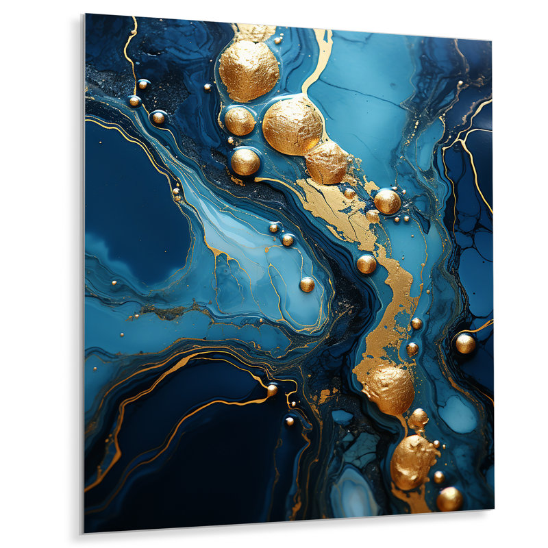 Or et saphir bleu marbré mosaïque III - impression abstraite d'art mural en métal, H 20 po x l 12 po x P 1 po