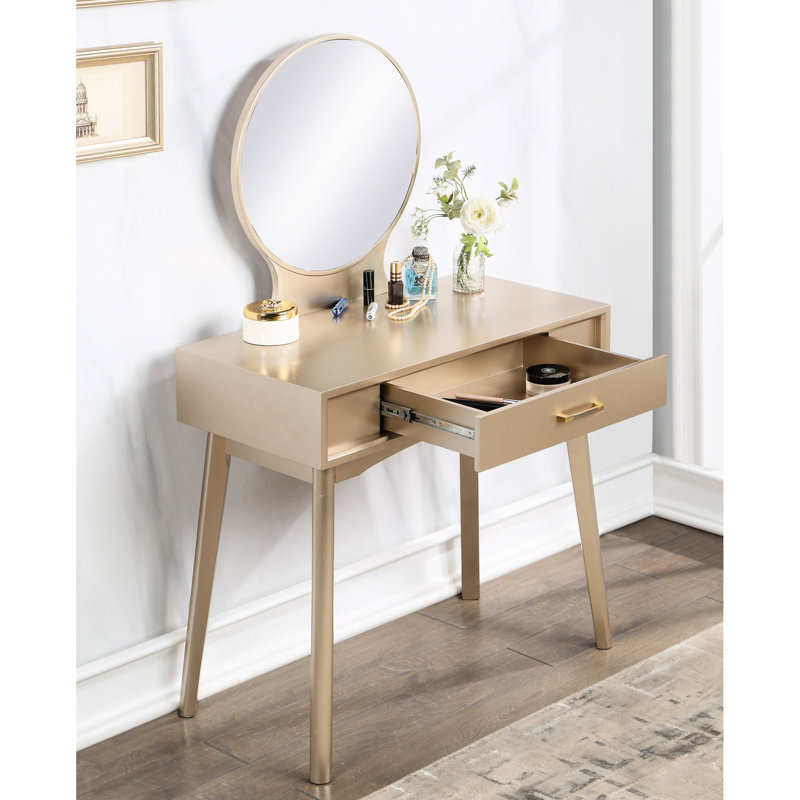 Gold Wood Vanity By - Stylish With Solid Construction And Storage Contemporary Stool , Features Round Mirror, Gold