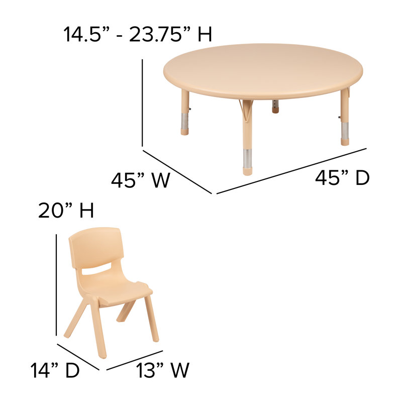 Ensemble de table d'activités ronde en plastique Goddard de 45 pouces, réglable en hauteur, avec 4 chaises, Naturel