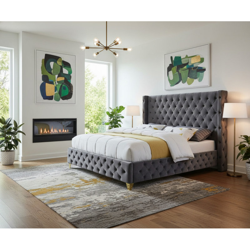 Dymonique Velvet Bed, Queen, Grey Velvet