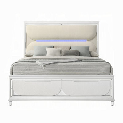 Rara Bed, 2 Storage Drawers, LED, White Boucle Upholstery