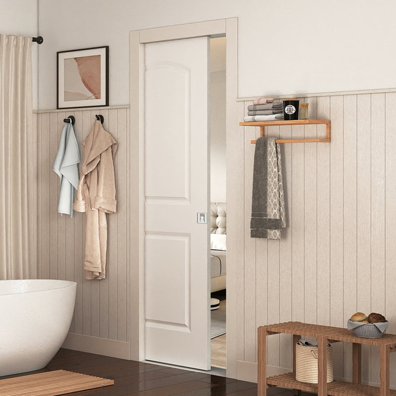 Porte coulissante 24 po x80 po à 2 panneaux surélevés avec dessus en arche et blanc, moulé, lisse, moulé et creux