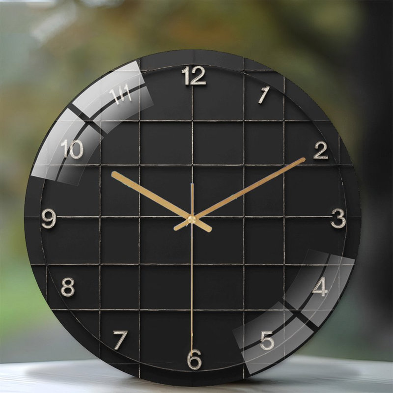 Horloge murale rétro noire avec motif de grille - horloge murale moderne en verre 12 po
