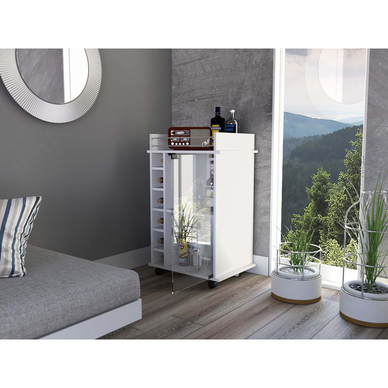 Dukat Bar Cart,Two Shelves, Six Built-In Wine Rack, Four Casters, White