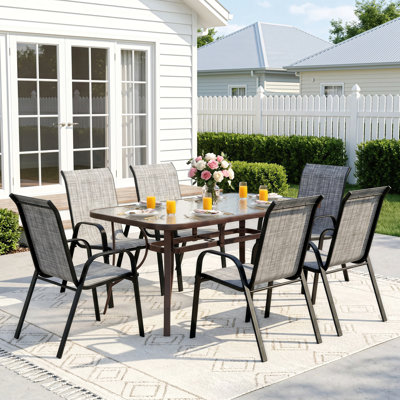 All Weather Patio Dining Set For 6, Outdoor Table And Chairs With 1.69″ Umbrella Hole,  30"X 55" Table And Stackable Chair, For Lawn, Deck (Umbrella Not Included)  (Black Table and Gray chairs)