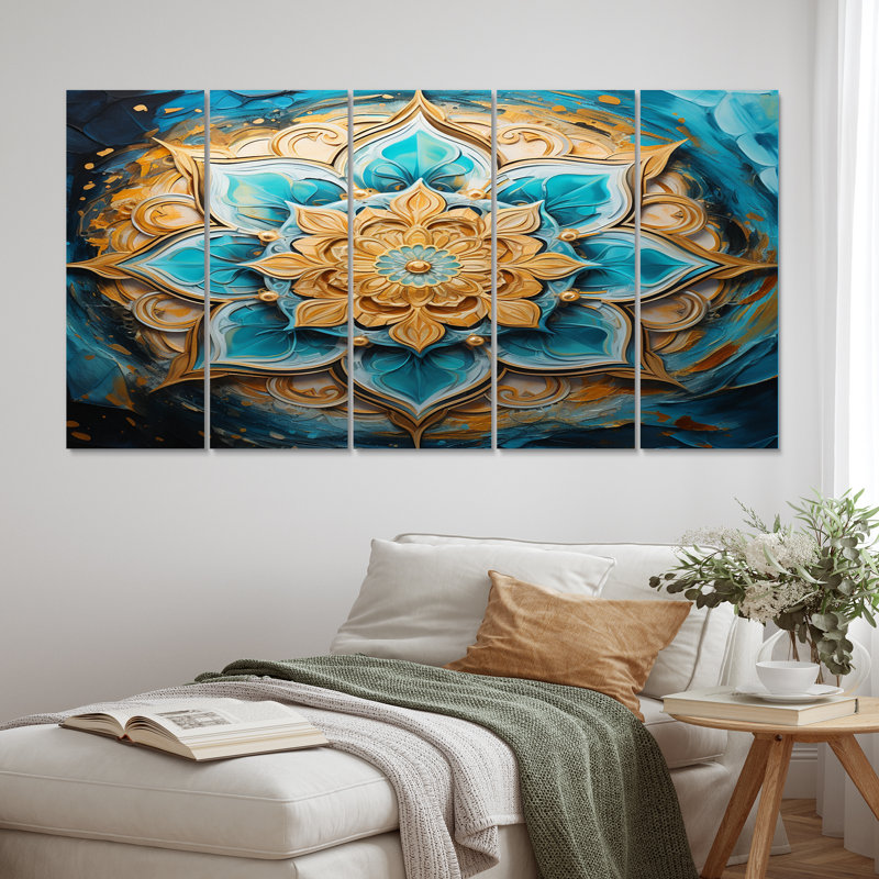 Divine Mandala en or rétro et turquoise I - impression sur toile Boho Mandala - 5 panneaux égaux