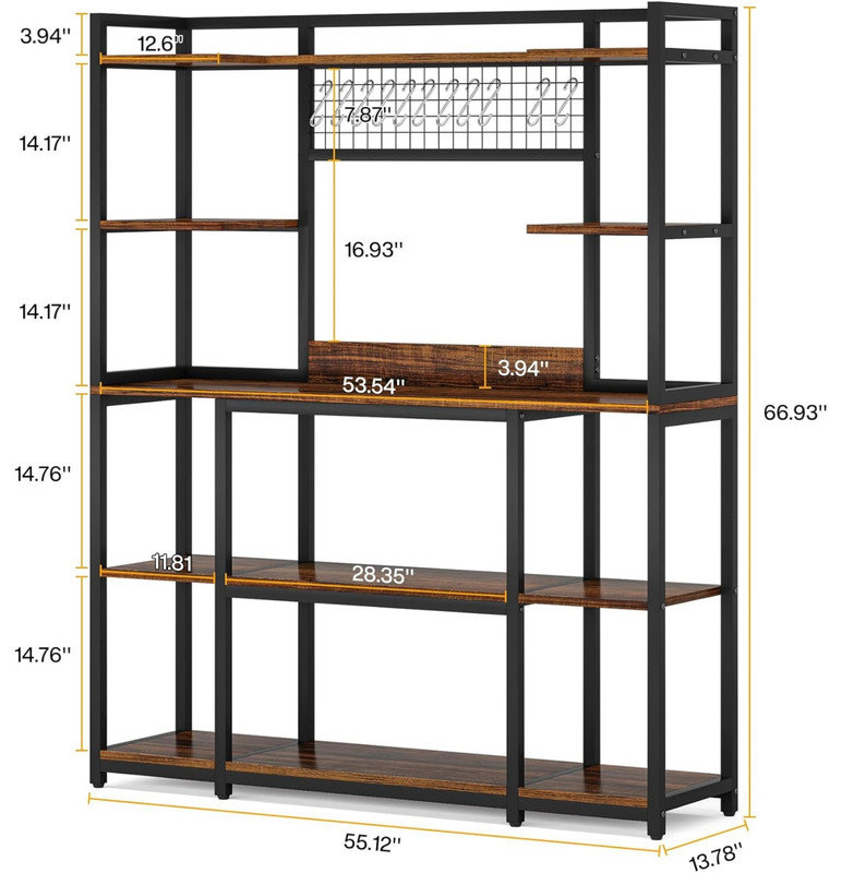 Grande étagère de boulanger de 55 po avec rehausse - étagère de rangement de cuisine industrielle à 5 niveaux avec crochets et support pour micro-ondes, organisateur d'armoire de cuisine rustique brun avec cadre en métal, support à garde-manger utilitaire