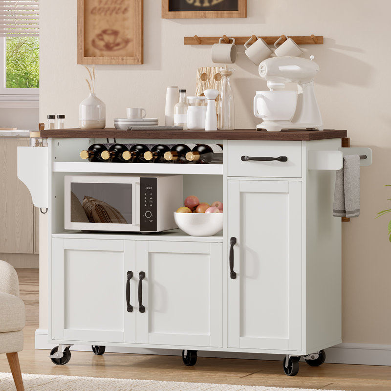 Îlot de cuisine 47 po avec tablette à micro-ondes, prise de courant et chariot à roulettes à feuilles tombantes avec tiroir et support à vin