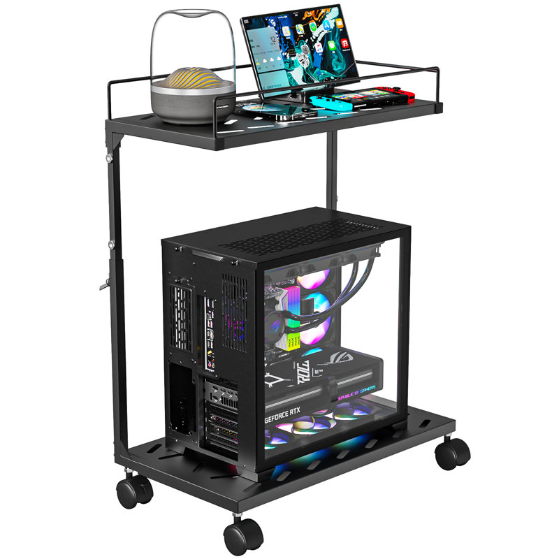 Adjustable CPU Holder Rolling Computer Tower Stand, 150lbs Heavy Duty 2-Tier Mobile PC Cart with Lockable Casters & Ventilated Shelves, Height & Width Adjustable Under Desk Stand for Home Office Gaming, Black
