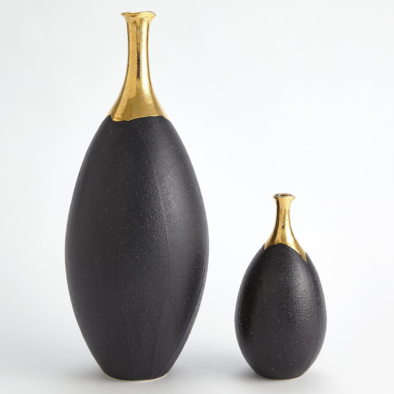 Craquelé doré trempé / vase mince noir, H 13 po x l 7 po x P 7 po