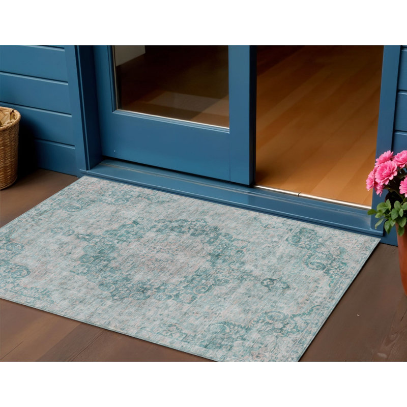 Tapis intérieur lavable à motif floral bleu sarcelle 3 pi x 5 pi 3 pi x 5 pi