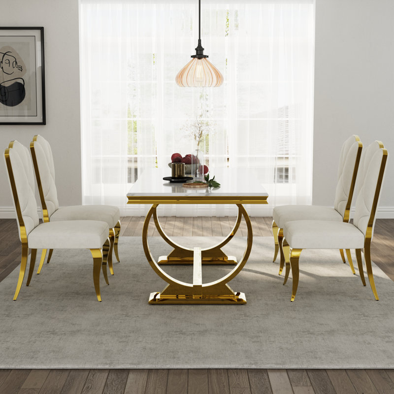 Ensemble de table de salle à manger luxueux et doré avec chaises en velours, 4, Blanc / or / blanc