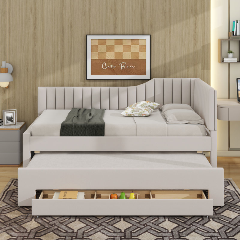 Lit de jour simple tapissier avec couchette et tiroirs, Beige
