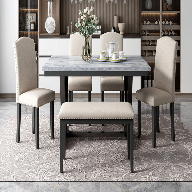 Table de salle à manger de style moderne 6 pièces avec 4 chaises et 1 banc, table avec placages marbrés et pieds en V