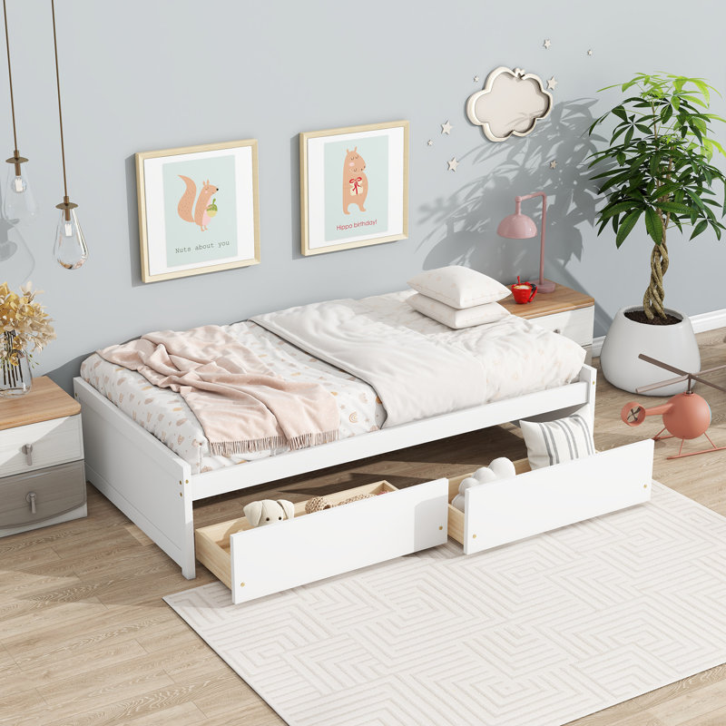 Lit simple avec 2 tiroirs, lit en bois d'hévéa massif, blanc, Blanc