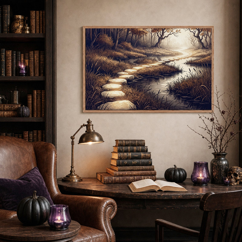 Art mural sur toile, "Stepping Stones Crossing Sepia Forest Stream", 18"H x 24"W