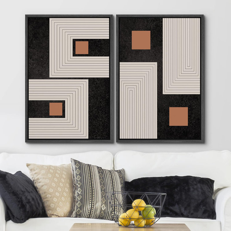 «Black and Brown», ensemble de 2 motifs géométriques en spirale à motif géométrique moderne sur toile, Cadre flottant noir