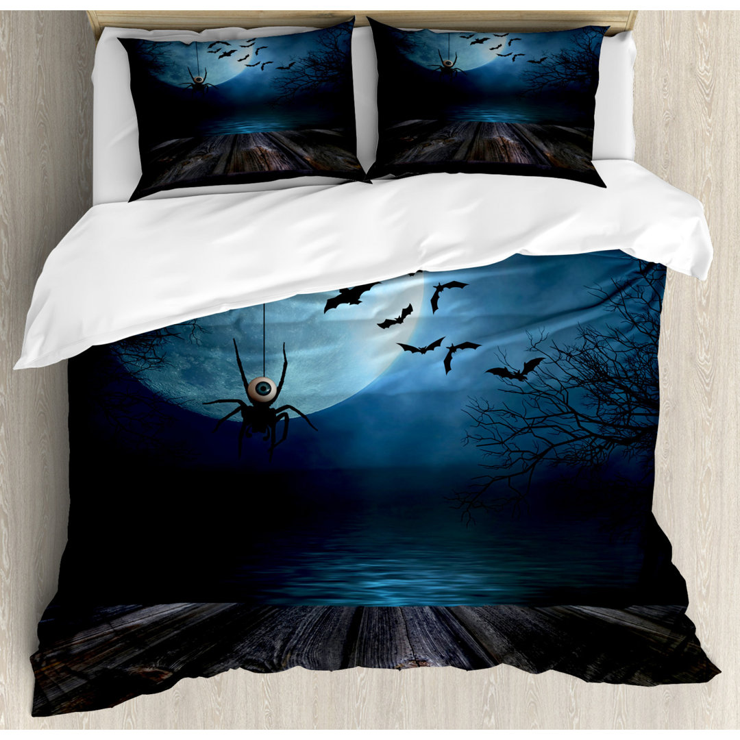 Bettbezug Set, Lake Scene Bat, Halloween, Braun Blau