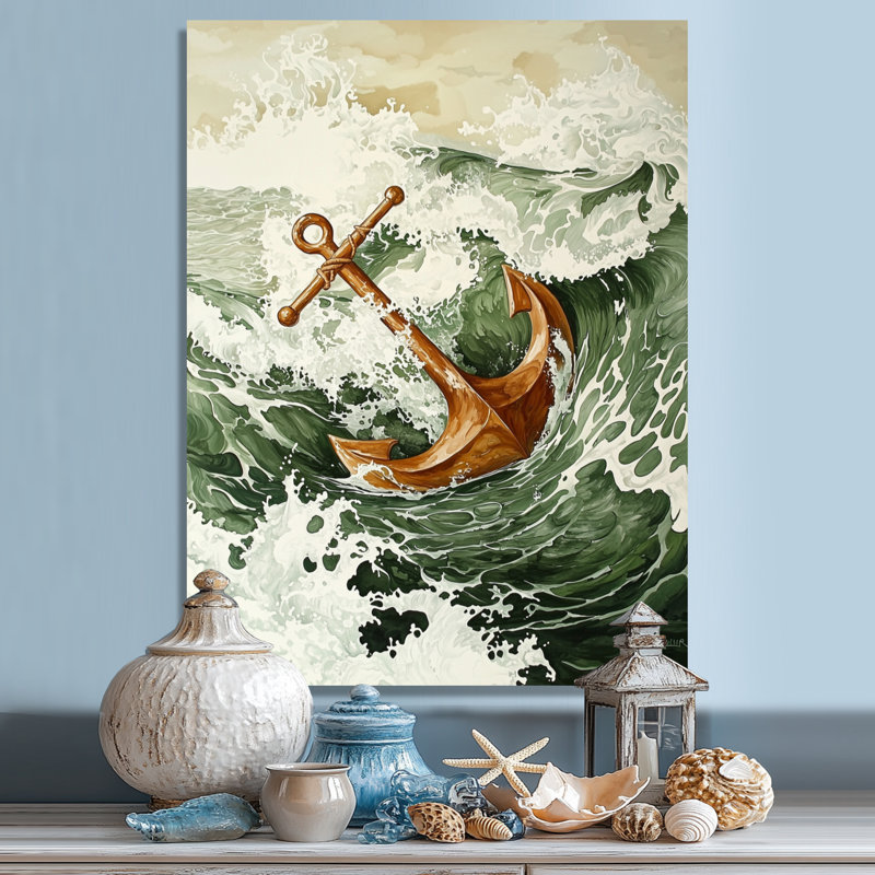 Ancre dans les vagues II - décor métallique côtier, impression métallique nautique, H 40 po x l 30 po