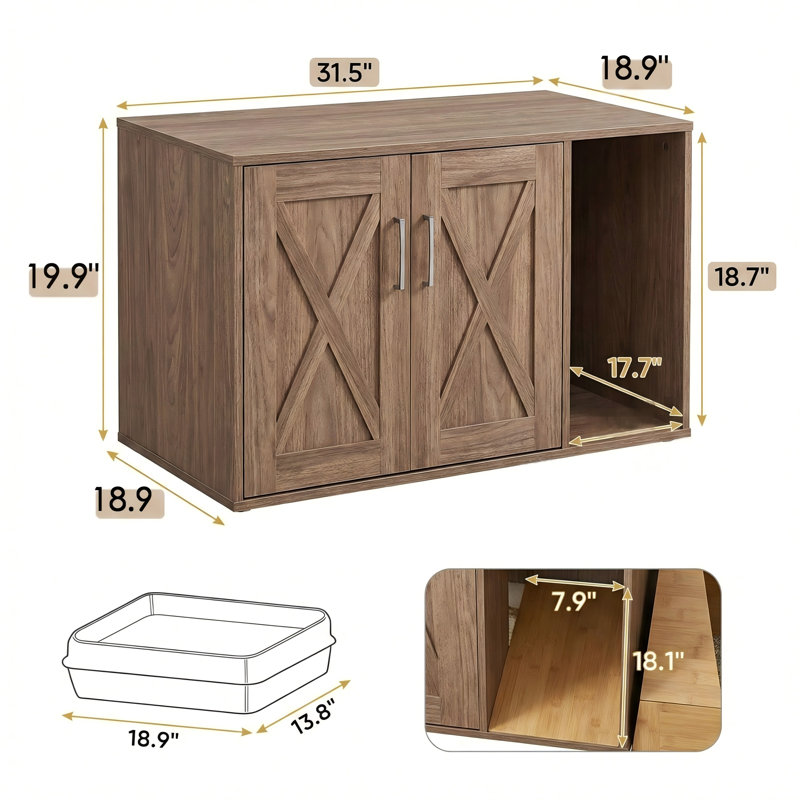 Table d'appoint pour salle de bain Cat servant de bac à litière, dimensions 31,5 po x 19 po x 20 po, avec plateau à gratter intégré