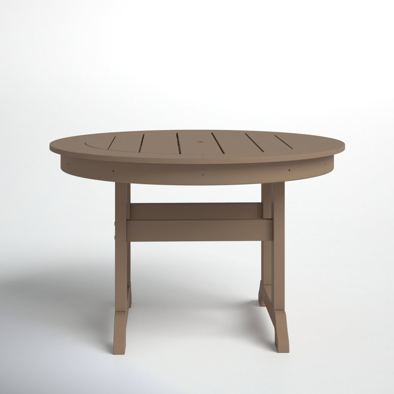 Laguna 47" W Round Plastic Outdoor Dining Table with Umbrella Hole, Weathered Wood