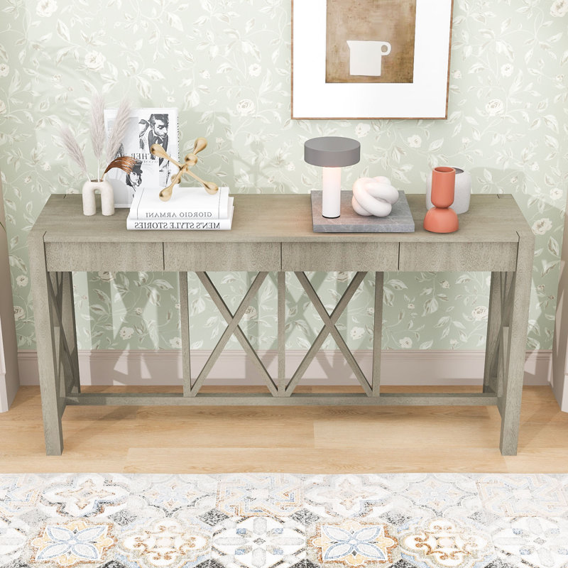 60-Inch Wood Console Table with Spacious Drawers, X-Leg Design, Gray
