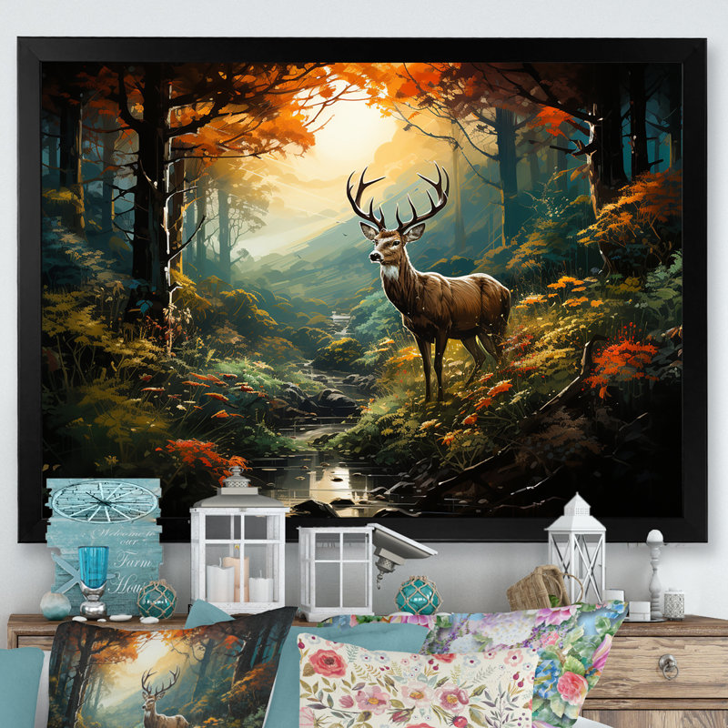 Vert et brun, cerf dans la forêt, impression d'art animalier mural, Cadre d'angle fermé noir, H 16 po x l 32 po x P 1 po