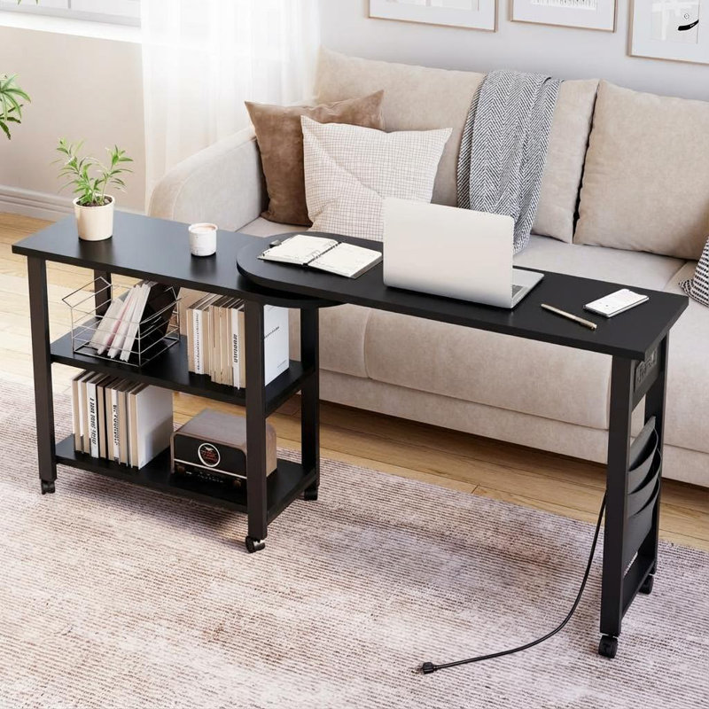 Table d'appoint à 360 ° avec station de charge, table de bout à 2 niveaux avec roulettes, pochette de rangement dissimulée et bureau mobile pour ordinateur portable