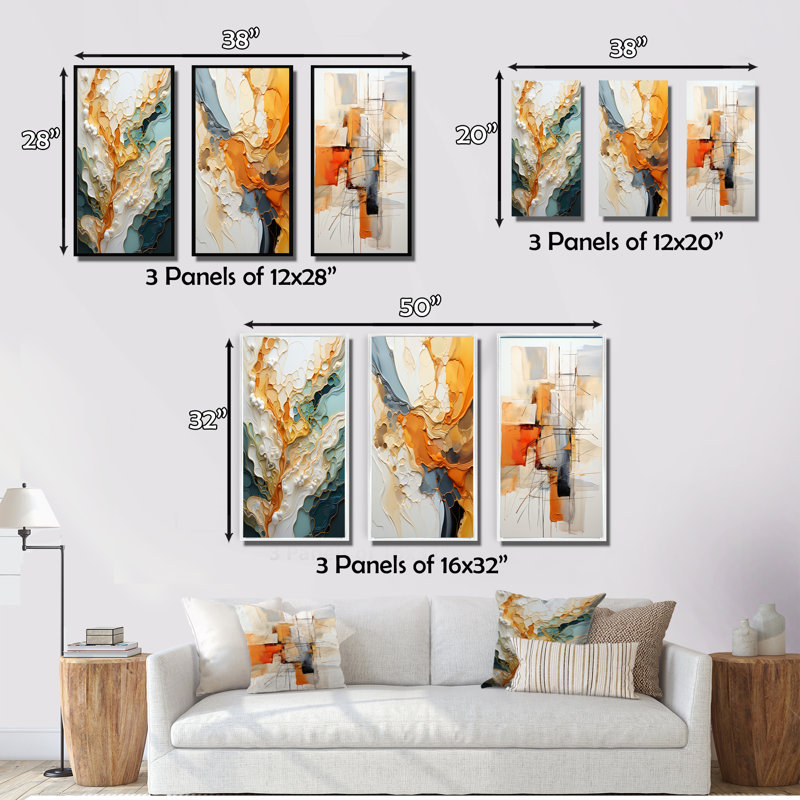 Orange White Line Art Abstraction on Canvas, 28" H x 36" W, Natural Floater Framed